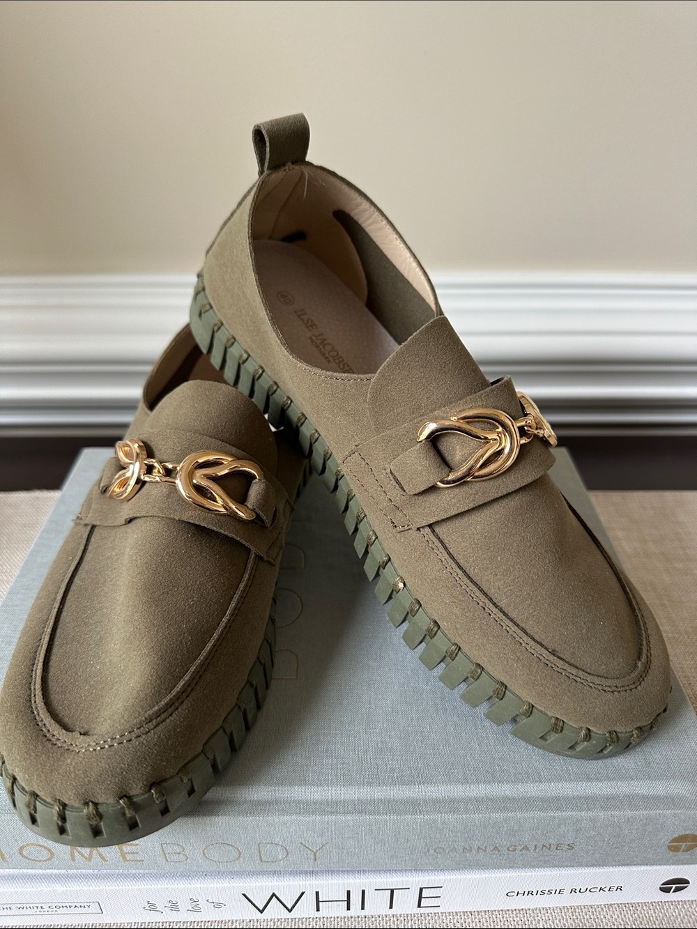 Olive Gold-Chain Slip-On Loafers